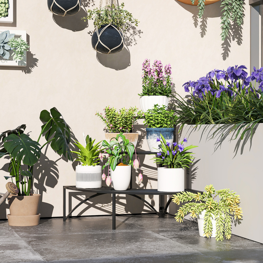 Outsunny 3-Etagen Pflanzenständer aus Metall in Schwarz für Innen und Außen, modernes Blumenregal für Wohnzimmer, Garten und Balkon, H x B x T: 87 x 60 x 60 cm - Bild 2