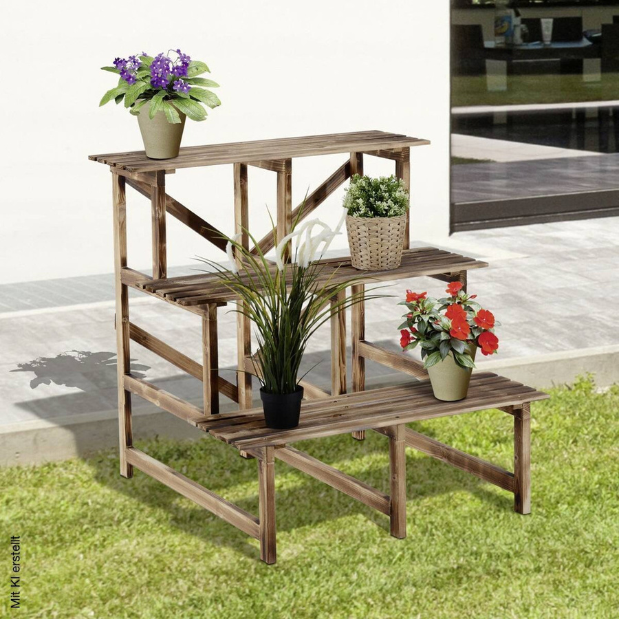 Outsunny Pflanzentreppe aus Fichtenholz in Beige, Braun und Multicolour für Garten, Balkon und Terrasse - Bild 2
