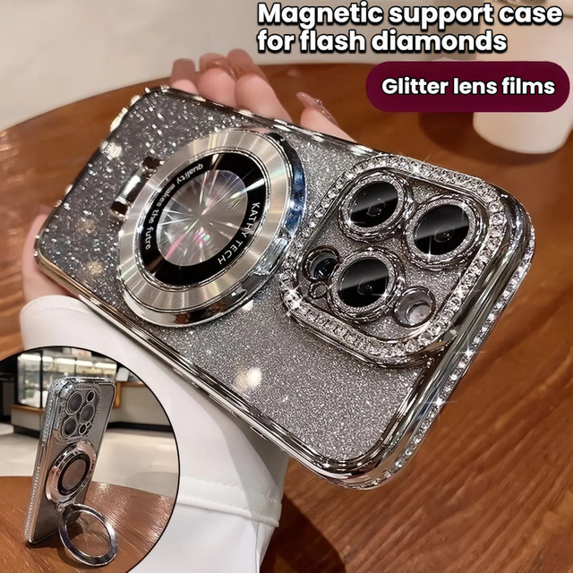 ZHUOHUAN Magnetische Glitzer-Diamant-Hülle für iPhone mit MagSafe und Halterung, Farbe: Silber - Bild 1