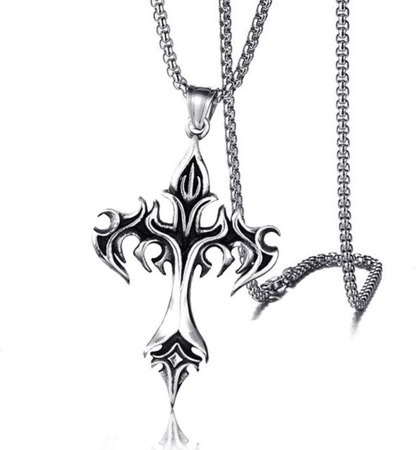 HNSP Halskette mit Flammenkreuz-Anhänger, Edelstahl, Silber, 60 cm, Herren - Bild 1