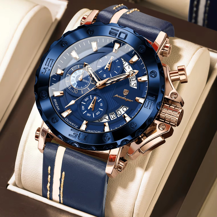 POEDAGAR Armbanduhr Chronograph, Quarz, Leder, Blau, Herren - Bild 2