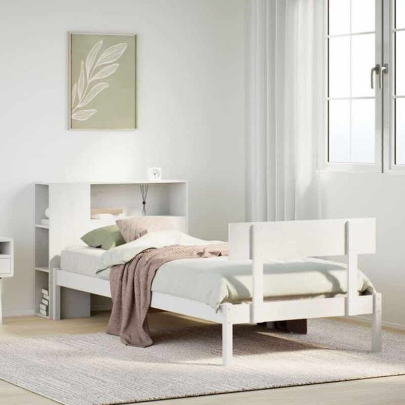 Massivholzbett aus Kiefer mit Regal in Weiß von Vidaxl, B/L: 75 x 190 cm - Bild 1