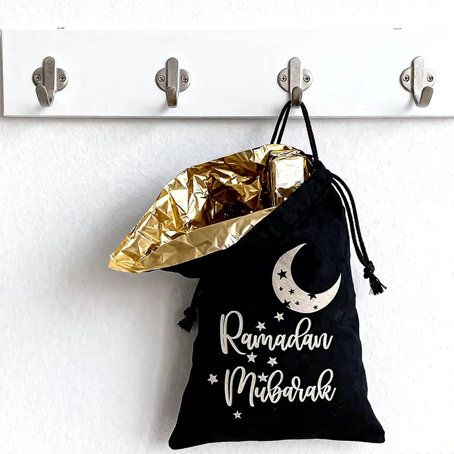 5 Stück Geschenktüten aus schwarzem Samt mit Mond und Sternen für Ramadan und Eid al Fitr - Bild 3