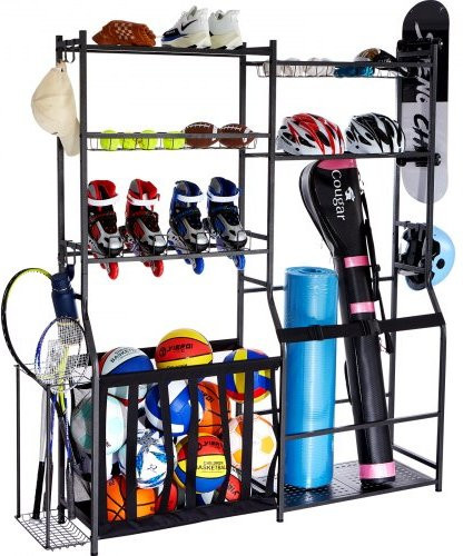 VEVOR Golf Storage Organizer aus Stahl in Schwarz für Garage und Outdoor mit 2 Golfbag-Halterungen, Körben und Haken - Bild 1