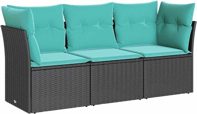 vidaXL 3-teilige Garten-Sofagarnitur in L-Form aus Poly-Rattan mit blauen Kissen und pulverbeschichtetem Stahl, Schwarz - Bild 1