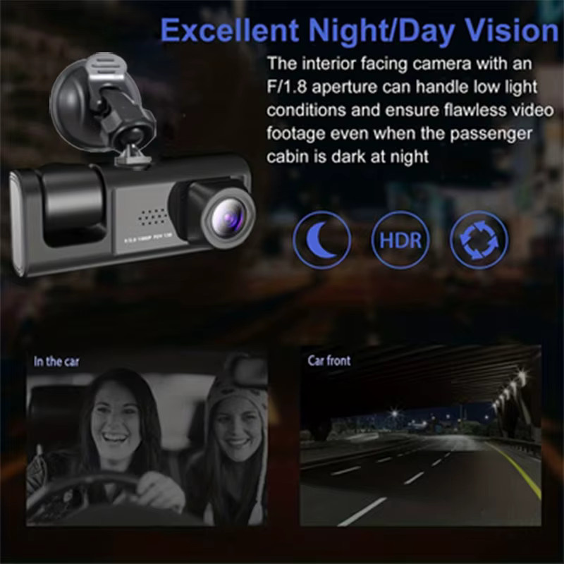 Baideluo 3-Kamera Dashcam mit 1080P Full HD, IR-Nachtsicht, Loop-Aufzeichnung und 2 Zoll IPS-Bildschirm in Schwarz - Bild 2