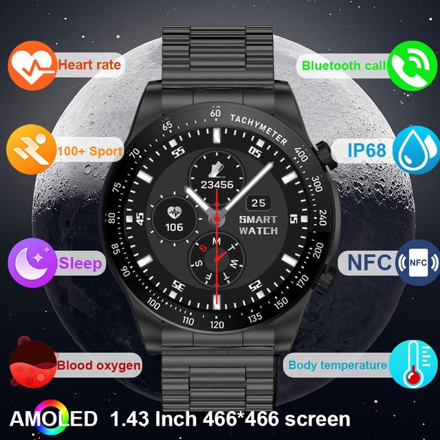 Smartwatch für Herren von rollstimi mit 1,43 Zoll HD AMOLED-Bildschirm, Bluetooth-Anruf, Herzfrequenz- und Schlafüberwachung in Schwarz oder Silber - Bild 1