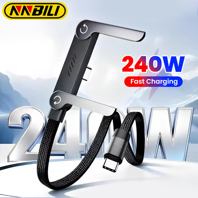 NNBILI USB-C auf USB-C Schnellladekabel mit 240W Leistung und faltbarem Ständer, Typ-C Ladekabel in Schwarz - Bild 1