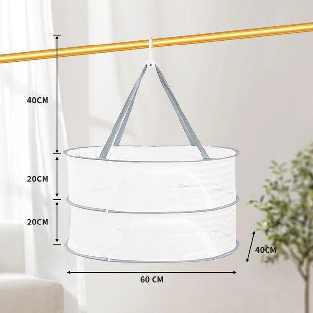 Cozyoutfit Faltbares Lebensmitteltrocknungsnetz mit 2 Ebenen in Grau, rundes Hängekorb-Trockengestell aus Mesh für Kräuter, Gemüse und Obst, B/T/H: 60 x 40 x 40 cm - Bild 1