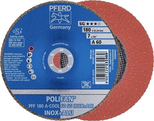PFERD POLIFAN A-COOL 60 Fächerschleifscheibe für Edelstahl und Aluminium, Durchmesser: 180 mm, Bohrungs-Ø: 22,23 mm, Körnung: 60 - Bild 1