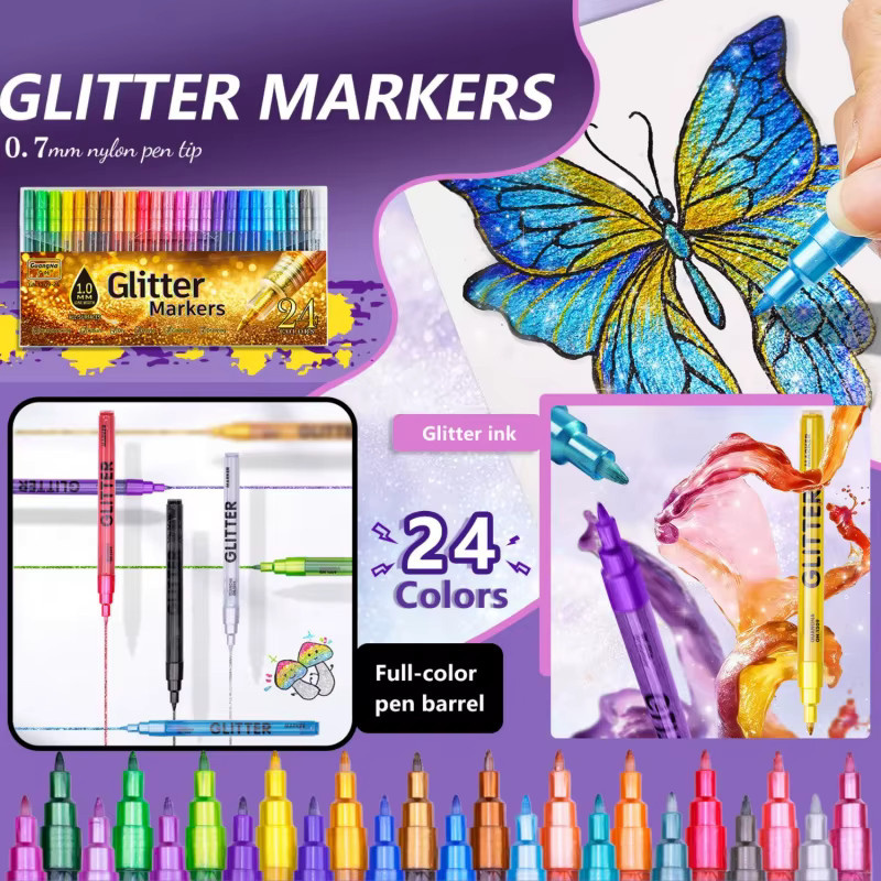 Kolorowys Glitzer-Marker-Set mit 24 Metallic-Schimmer-Acrylmarkern in Multicolour, wasserbasierte Tinte und feine Spitze (1 mm) - Bild 2
