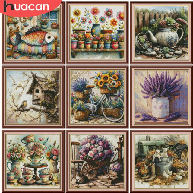 HUACAN Kreuzstich-Set Rose mit Blumengarten und Text als Wanddekoration, Mehrfarbig, B/H: 30 x 30 cm - Bild 1