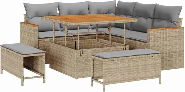 vidaXL 8-teiliges Garten-Sofa-Set aus Poly Rattan und Akazie mit Kissen in Beige und Hellgrau - Bild 1