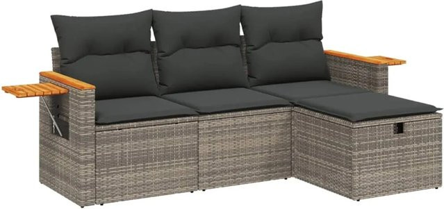 vidaXL 4-tlg Garten-Sofagarnitur aus Poly Rattan in Grau mit Kissen und Ottoman - Bild 1