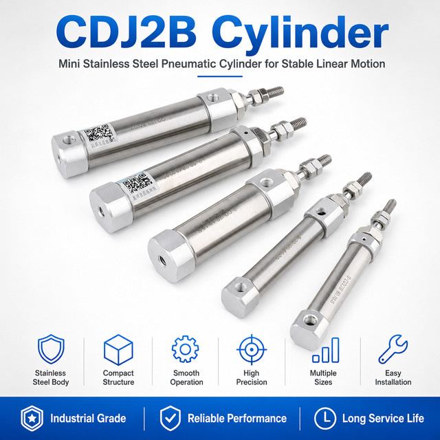 3er-Set Mini-Pneumatik-Luftzylinder Typ CDJ2B, doppeltwirkend mit Einzelstange, Farbe: Silber, Bohrung: 10 mm und 16 mm, Hub: 10–200 mm - Bild 1