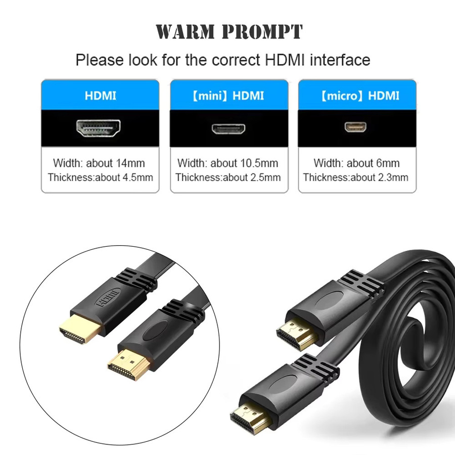 Ninth World HD HDMI-Kabel 1.4 Version in Schwarz mit vergoldetem Stecker für Computer und TV, flaches Kabel für 1080p und 3D - Bild 3