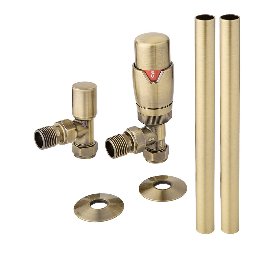 Hudson Reed Thermostatisches Winkelventilset mit Thermostatkopf und Rohrverbindungen 15mm, Messing, Farbe: Gold - Bild 1