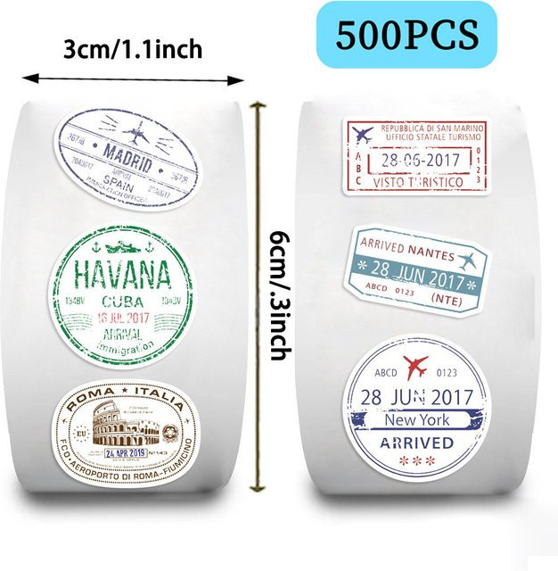 Reisepassstempel Rollaufkleber von AufnahmeYourLife Store, 500 Stück dekorative PVC-Aufkleber in Multicolour für Bastelarbeiten - Bild 1