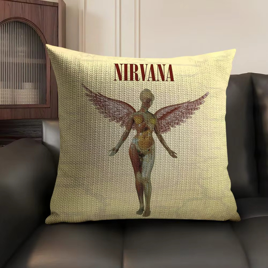 N-NirVana Band-Kissenbezug aus Bio-Leinen in Beige und Weiß mit doppelseitigem Grafikdruck - Bild 3