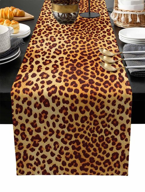 JINGYUE Pet Tischläufer aus Leinen mit Leopardenmuster in Braun, B/T: 150 x 33 cm - Bild 1