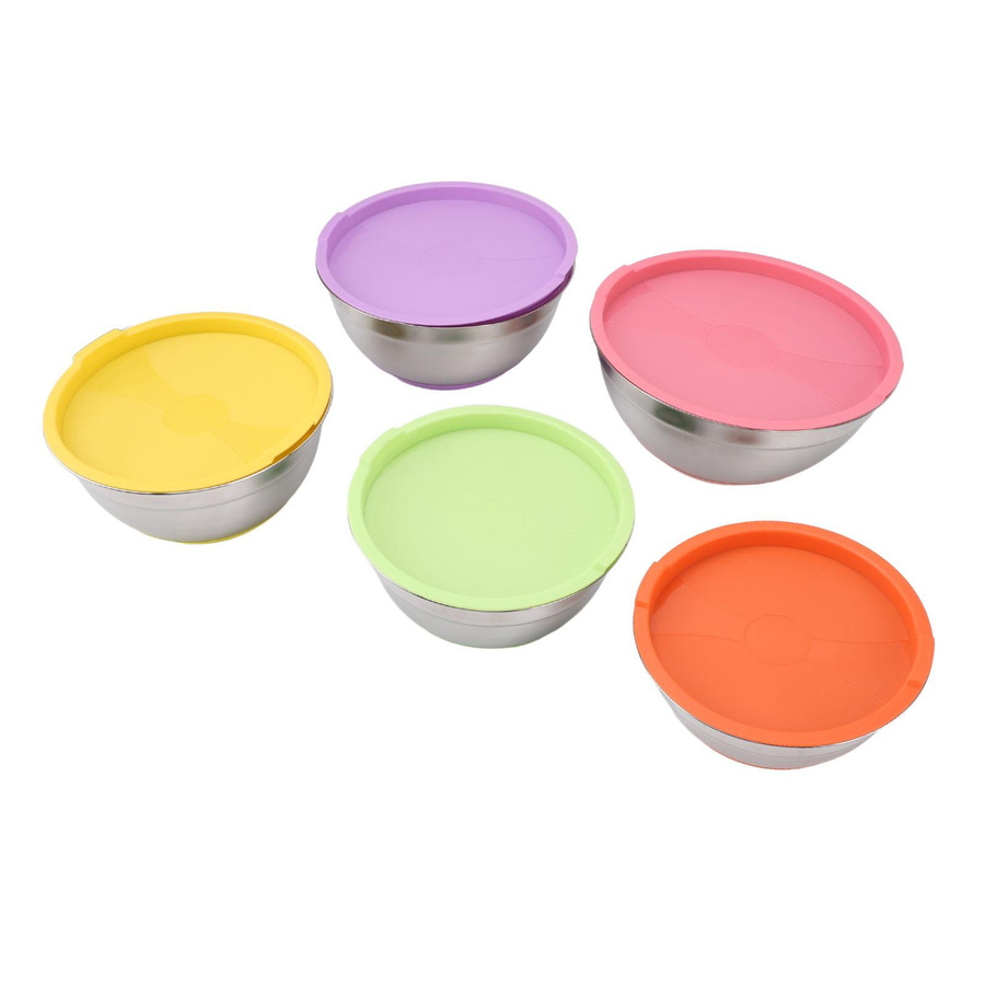 5er Set Edelstahl Rührschüsseln mit Deckel in Bunt, stapelbare Schüsseln zum Backen und Mixen - Bild 2