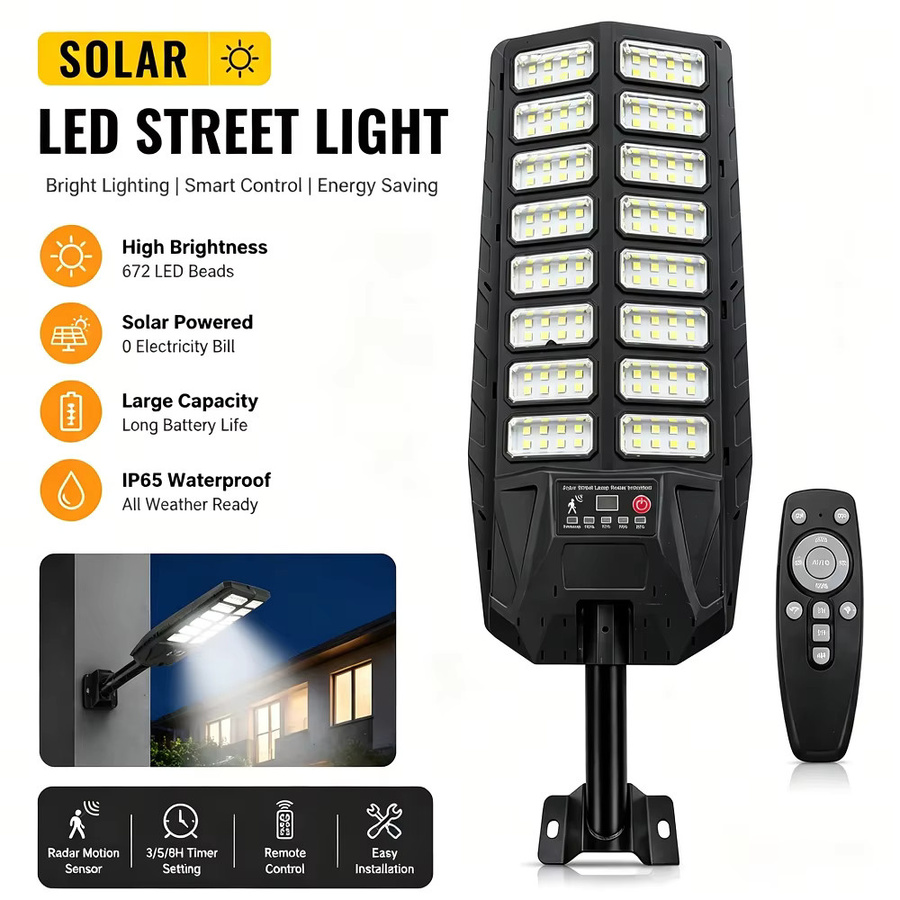 YQCHEZI Solar-Flutlicht mit LED und Bewegungssensor, wasserdichte Solar-Straßenleuchte für Garten und Parkplätze, Schwarz - Bild 4
