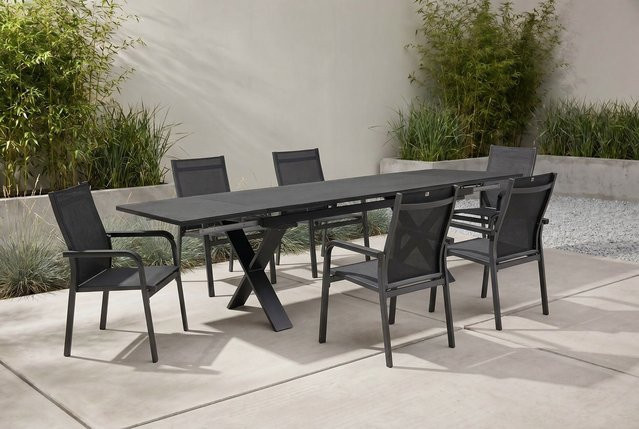 Kettler BasicPlus Premium Garten-Essgruppe aus Aluminium und Spraystone in Anthrazit mit ausziehbarem Tisch und 6 Stapelsesseln - Bild 1