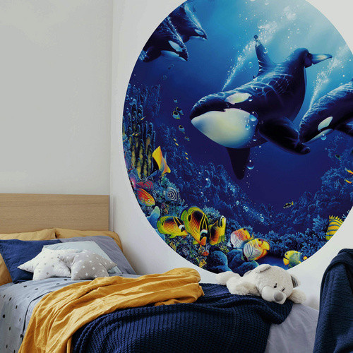 K&L Wall Art Runde Vliestapete Orcas Ozean für das Kinderzimmer, mehrfarbig, matt - Bild 2