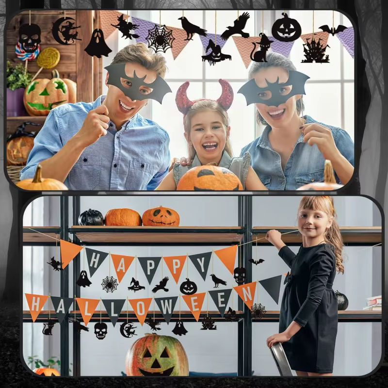 24 Stück Halloween-Hängedekorationen aus Holz in Schwarz mit Kürbis, Geist, Hexenhut, Spinne und Fledermaus als Seilgirlande für deine Party-Dekoration - Bild 4