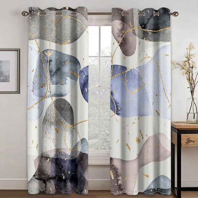 2er-Set Yiran Furniture Vorhänge mit Marmor-Textur und Goldrand, halbtransparent, Farben: Gelb, Blau, Grau und Gold, B: 100 cm, H: 160 cm - Bild 1