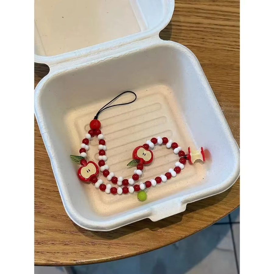 Telefon-Lanyard mit Perlen, Obst-Charms-Anhänger, weiß, rot - Bild 2