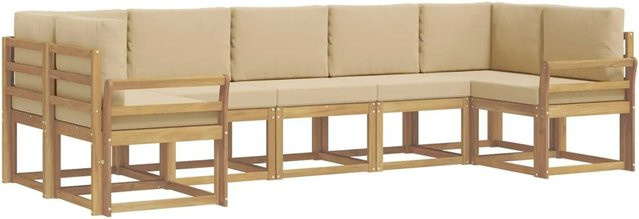 vidaXL Outdoor-Sofagarnitur aus Akazienholz in L-Form mit Kissen, 7-teilig, Weiß und Beige - Bild 1