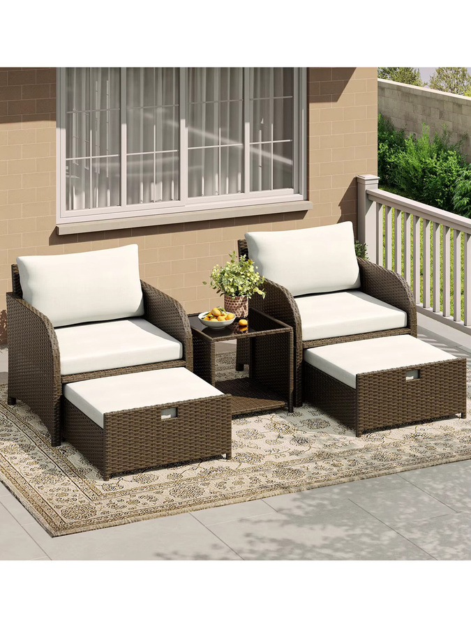 HiMISS 5-teiliges Rattan-Gartenmöbel-Set mit Glastisch und blauen Polstern in Braun - Bild 4