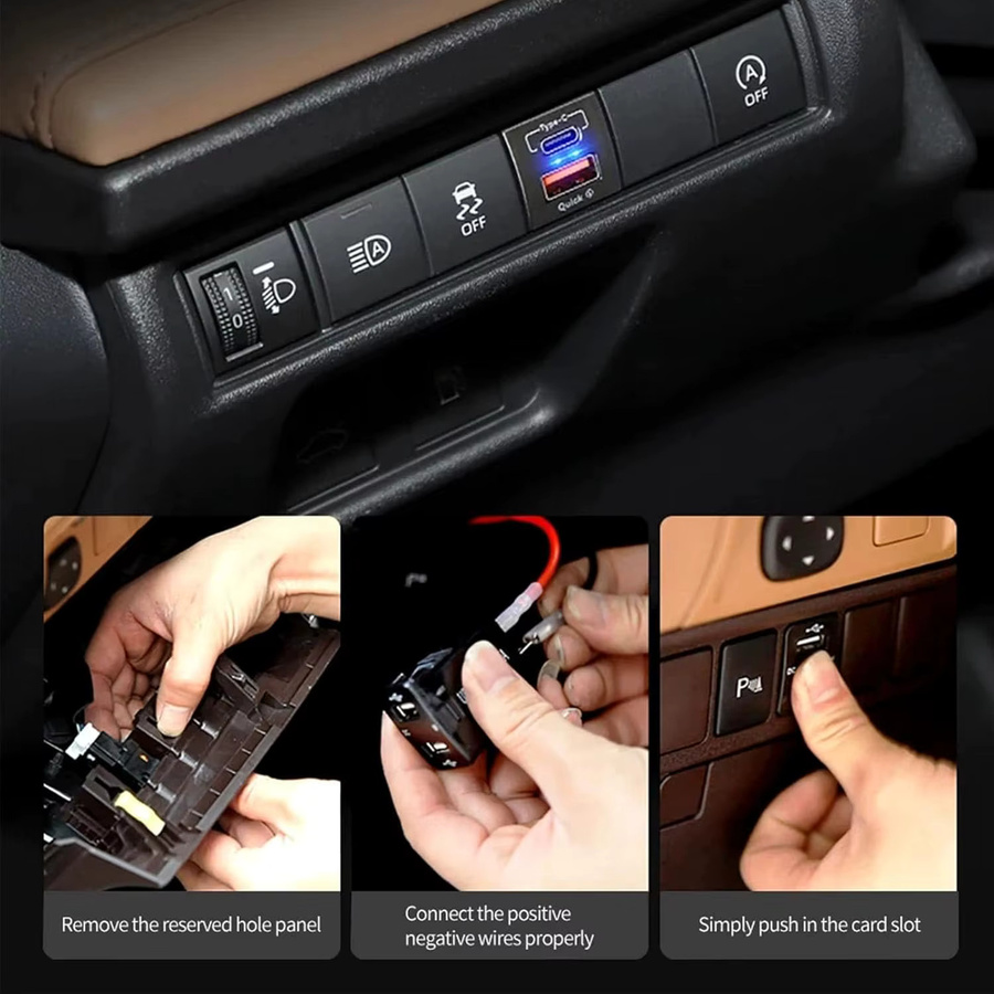 Kebidumei Dual-Port Schnellladegerät für Toyota mit PD QC3.0 und USB-C, 12V-24V, Schwarz mit blauer LED-Anzeige - Bild 2