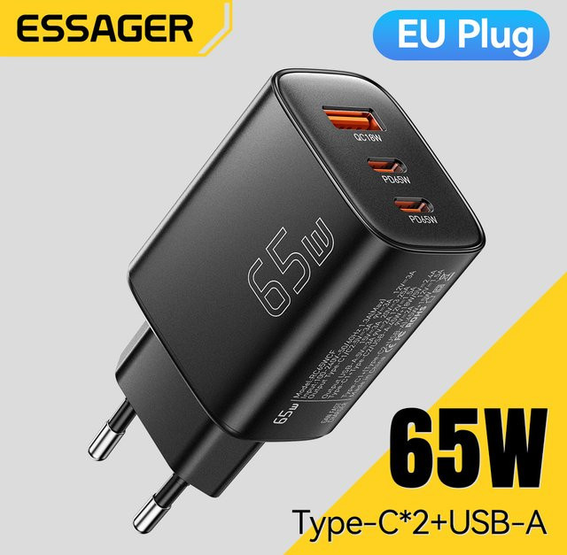Essager 65 W GaN Ladegerät mit USB-C Quick Charge 4.0 und PD Schnellladefunktion in Schwarz - Bild 1