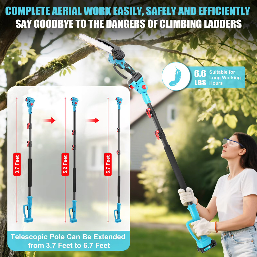 Bürstenlose Teleskop-Elektrokettensäge 8 Zoll für hohe Äste, blaues Gartenschneidewerkzeug kompatibel mit Makita 21V Akku - Bild 2