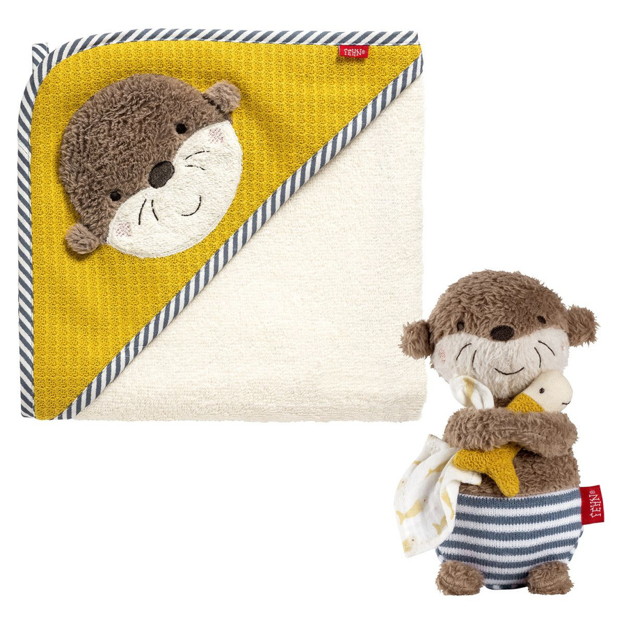 Fehn 2-teiliges Bade-Set für Babys mit Kapuzenbadetuch und Badetier in Beige und Gelb mit Otter-Motiv - Bild 1