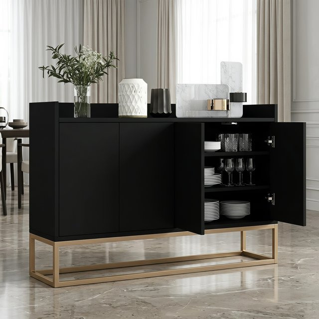 WoodenAura Niedriger Buffetschrank in Schwarz mit 4 Türen und Metallfüßen, moderner Küchenschrank mit verstellbaren Einlegeböden, B: 80 cm, T: 30 cm - Bild 1