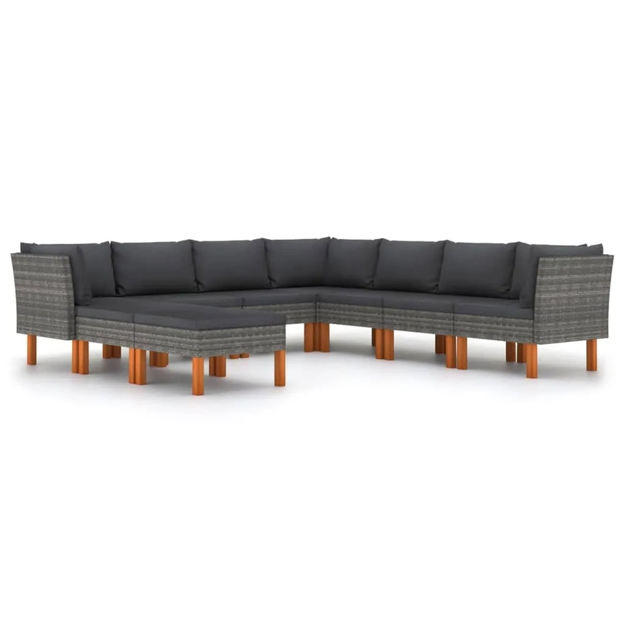 vidaXL 9-tlg Garten-Lounge-Set in U-Form aus Poly-Rattan und Eukalyptusholz in Grau mit Polstern - Bild 2