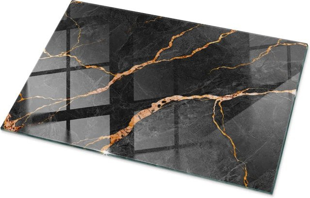 Tulup Couchtischplatte aus Glas mit Marmormuster in Schwarz, Rechteckig, B: 100 cm, T: 70 cm - Bild 1
