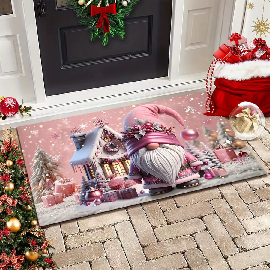 VIKAMA Weihnachtsteppich mit rosa Weihnachtszwerg als rutschfeste und maschinenwaschbare Willkommens-Fußmatte für deine Heimdekoration - Bild 1