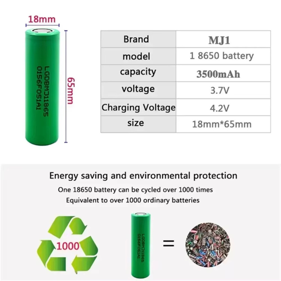Hochleistungs 18650 Lithium-Batterie Set mit Ladegerät, 3500 mAh, 3,7 V, 25 A, INR18650 MJ1, Farbe: Grün - Bild 2