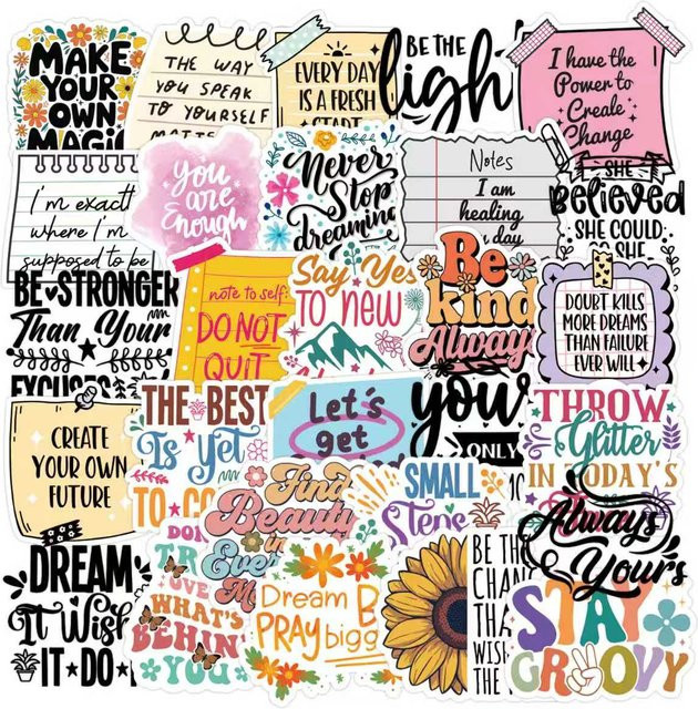 50 Stück bunte Aufkleber mit inspirierenden Zitaten und positiven Worten für Laptop, Tagebuch und Scrapbooking in Multicolor und Schwarz - Bild 1