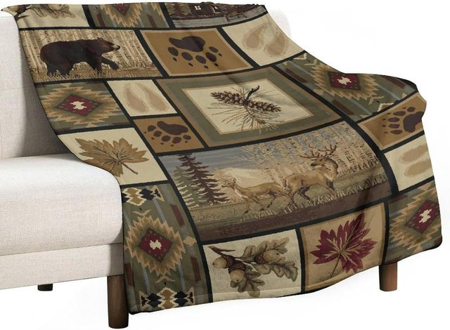 JMG Household Supplies Retro Bauernhaus Fleece Überwurfdecke im Landhausstil mit Hirsch und Elch, B/B: 130 x 150 cm, Mehrfarbig - Bild 1
