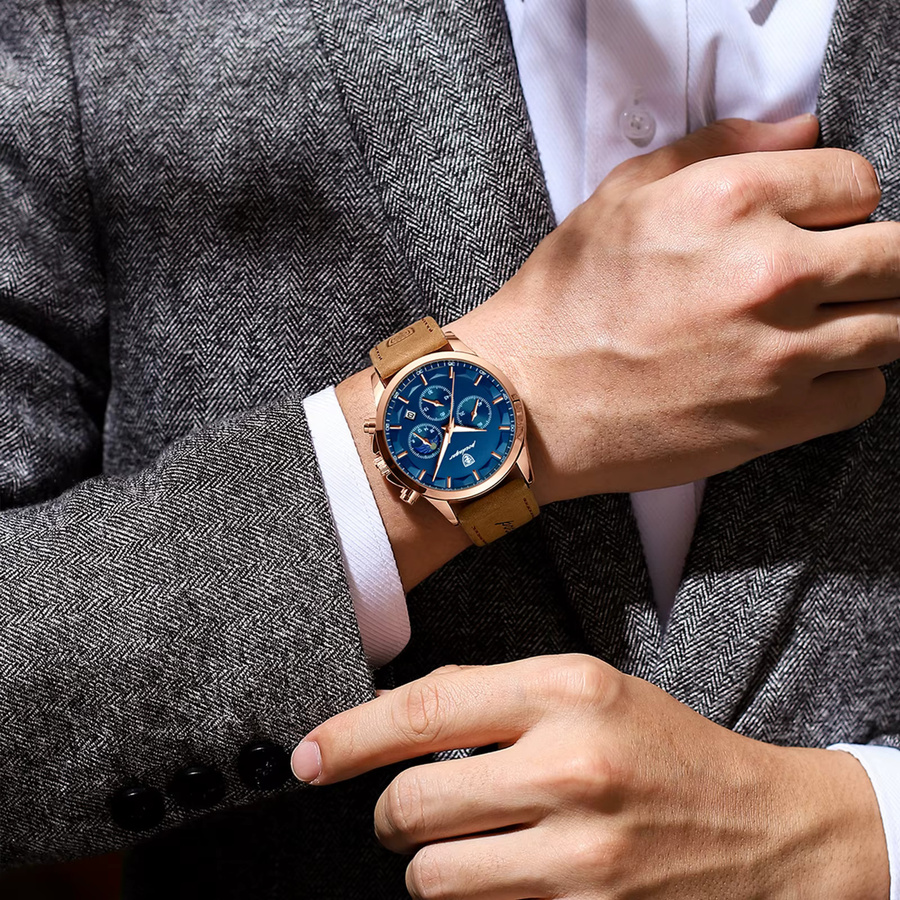 POEDAGAR Chronograph, Quarz, Leder, Blau, Herren - Bild 3