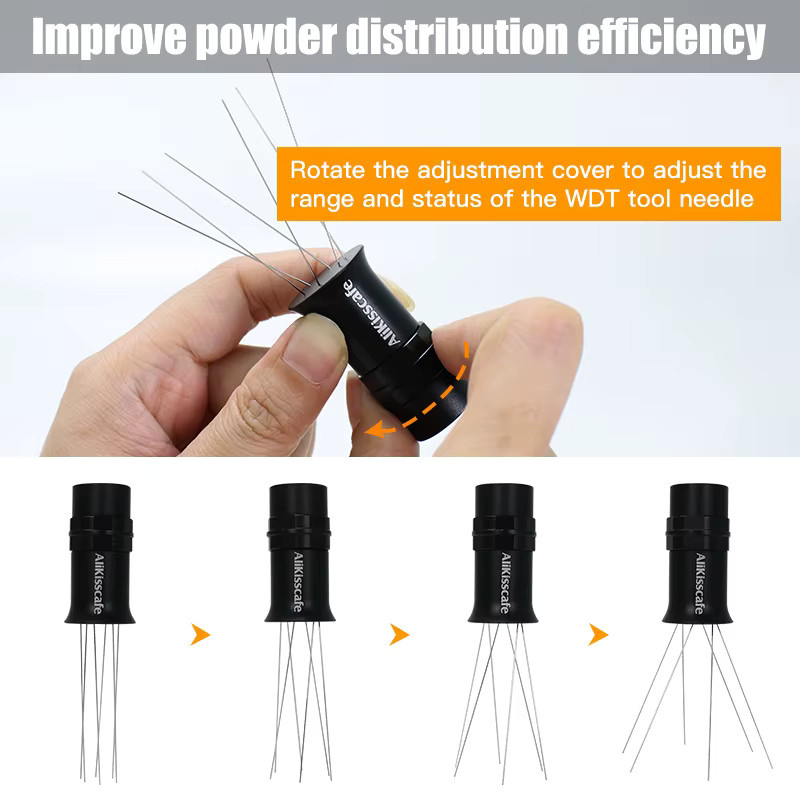 CafeGaGa Espresso WDT Tool Kaffee Nadeln Verteiler aus Edelstahl mit Magnethalterung und verstellbarem Rührbereich in Silber oder Schwarz - Bild 2