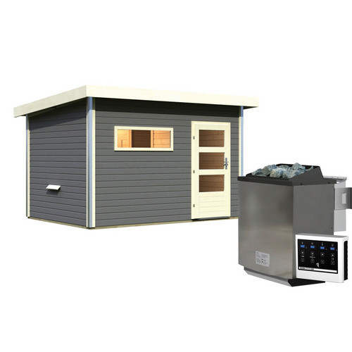 KARIBU Saunahaus Schwanenburg 2 aus Fichtenholz in Grau mit 9 kW Bio-Kombi-Ofen und externer Steuerung, B/T/H: 337 x 231 x 239 cm - Bild 2