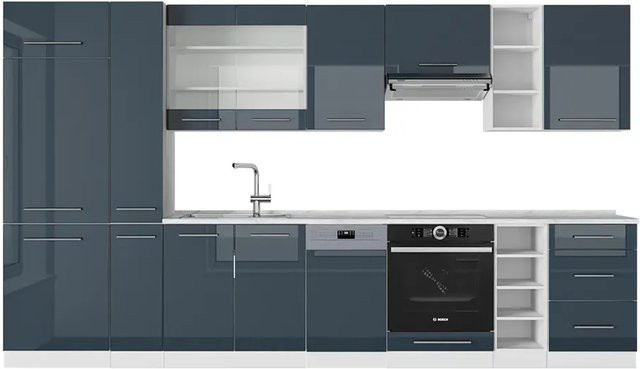 Vicco Küchenzeile Fame-Line in Weiß und Dunkelblau Hochglanz mit weißer Marmor-Arbeitsplatte, Breite: 355 cm - Bild 2