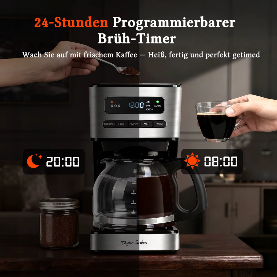 Taylor Swoden Filterkaffeemaschine mit Glaskanne, Schwarz, 1,8 l, mit 24H Timer, Eiskaffee-Modus und 3-stufiger Stärkeauswahl - Bild 4