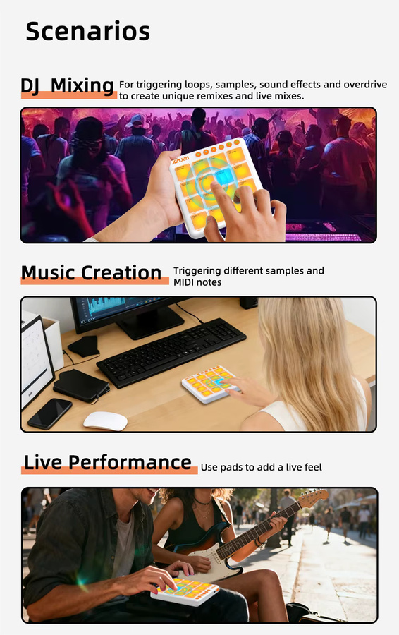 JAMJUM JP-MINI MIDI-Pad-Controller mit 16 RGB-Pads, Bluetooth und integriertem Akku in Weiß - Bild 3